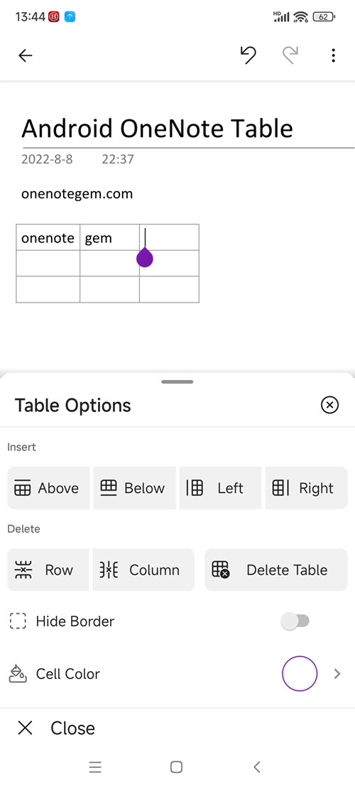 Table Options Button