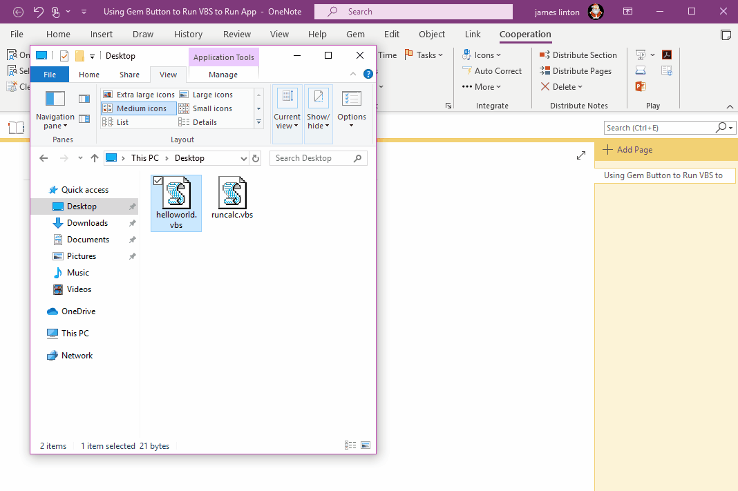 Use Gem Button Control in OneNote to Execute VBS Script to Run External Program