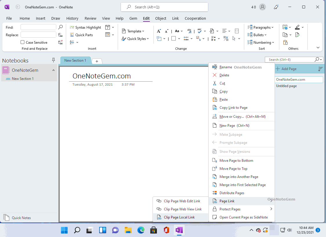 Gem for OneNote provides the ability to copy local links to OneNote page.