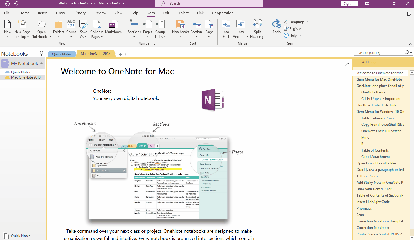 Use the long view provided by Gem for OneNote to see one main page and all the subpages in OneNote at once.