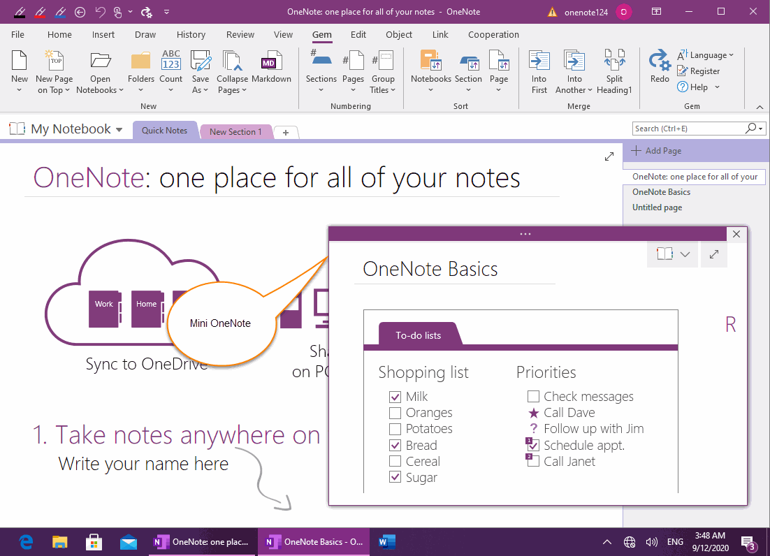 The OneNote mini-window Displays the Page