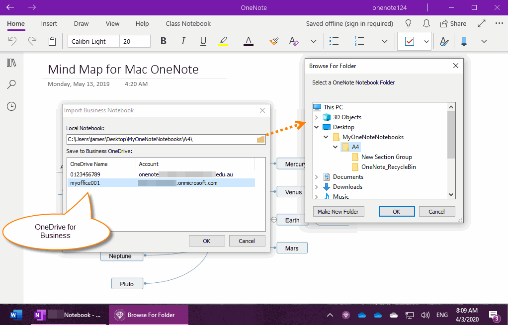 Specify OneNote Notebook and OneDrive