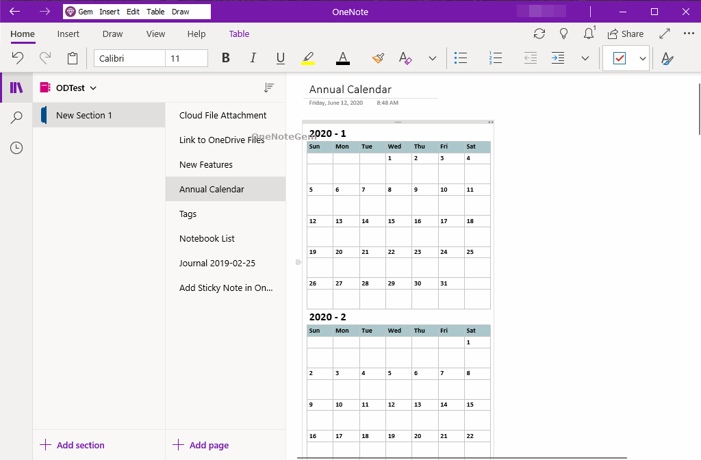 UWP: Insert a Annual Calendar for a Specified Year in OneNote for