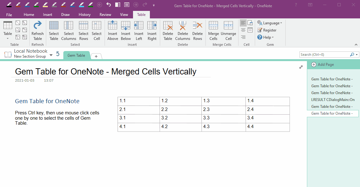 In OneNote, merges cells in the vertical direction in the Gem Table