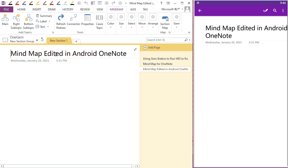 The mind map can be created in OneNote 2013 and then modified in Android OneNote after sync.