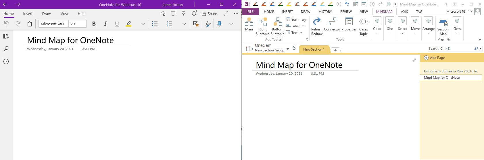 The mind map can be created in OneNote 2016 and then modified in OneNote for Win10.