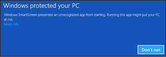 When you download the application, you will receive a prompt that Window Defender SmartScreen prevented an unrecognised app from running with one button Don’t run.