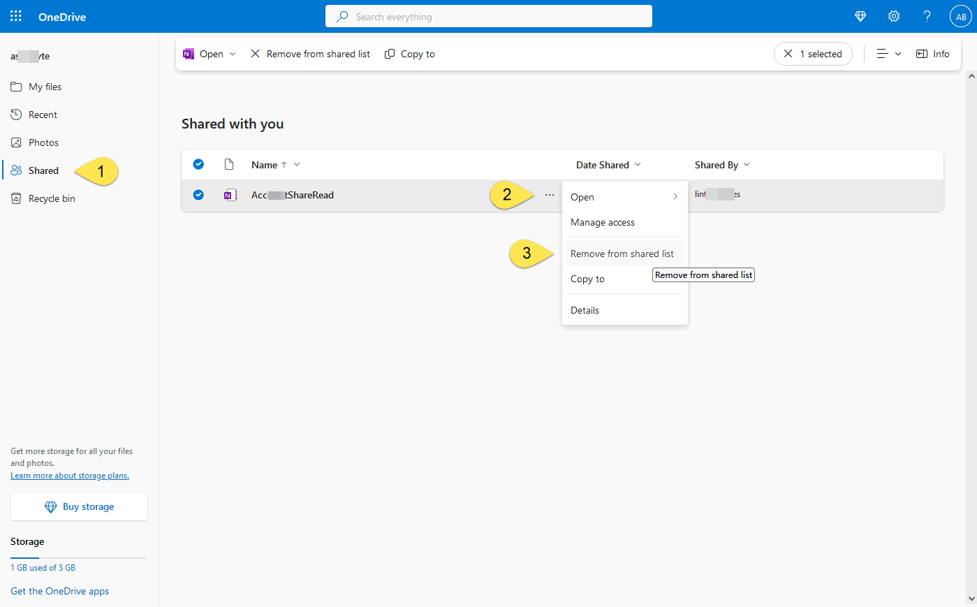 Delete a shared OneNote notebook from someone in OneDrive.com.