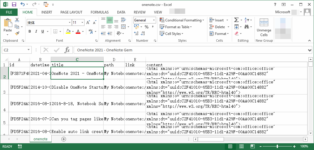 Open onenote.csv in Excel