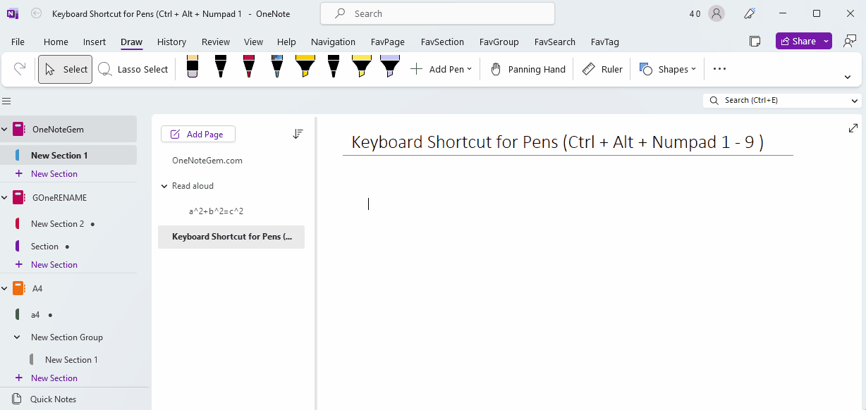 Use the keyboard shortcuts provided by OneNote Gem – Favorites to switch the new type pens in OneNote 2021.
