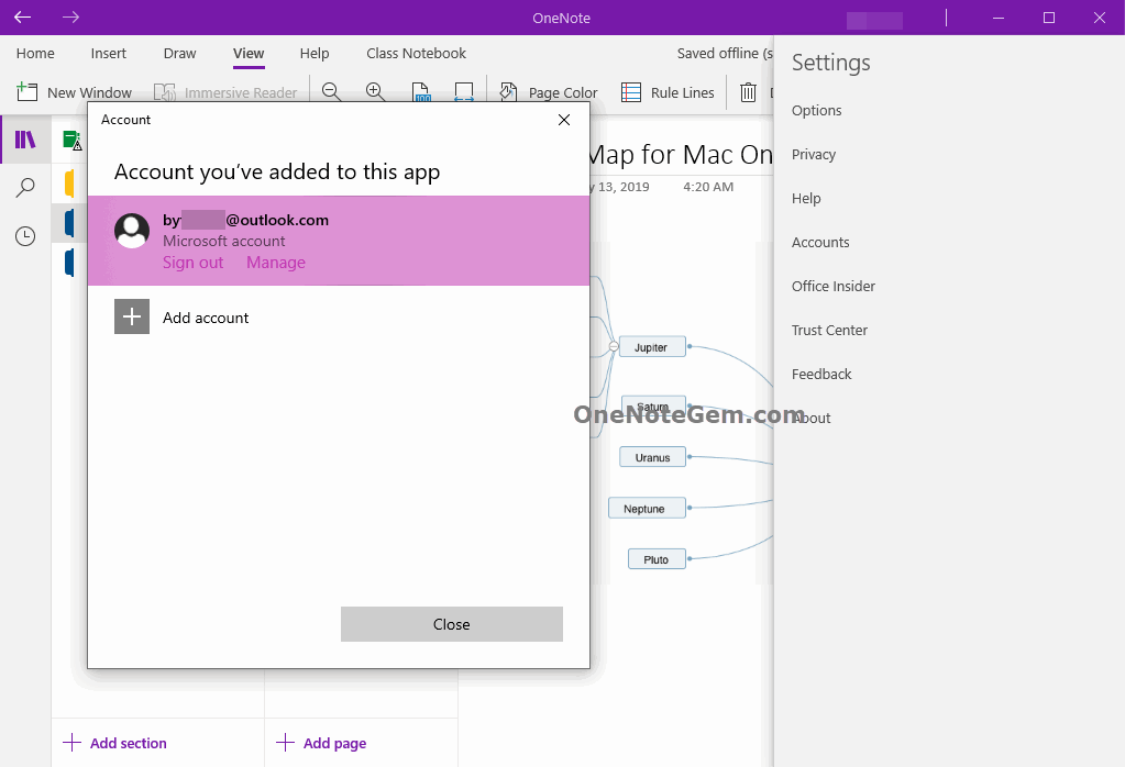 Where does OneNote for Win10 modify the profile picture of account?