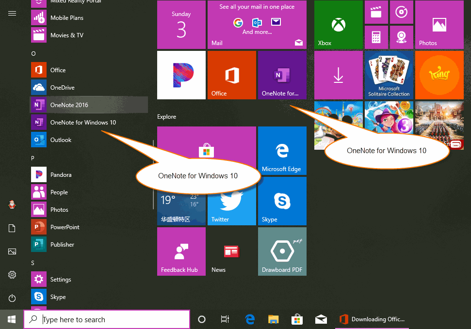 OneNote for Windows 10 in Start Menu