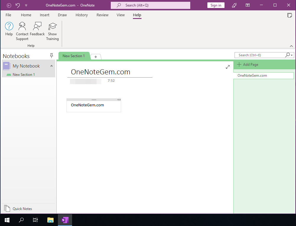 A Help tab exists on the OneNote 2021 ribbon.