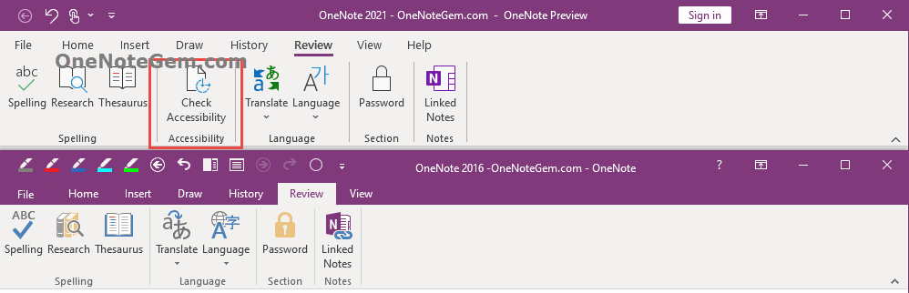 OneNote 2021 Check Accessibility