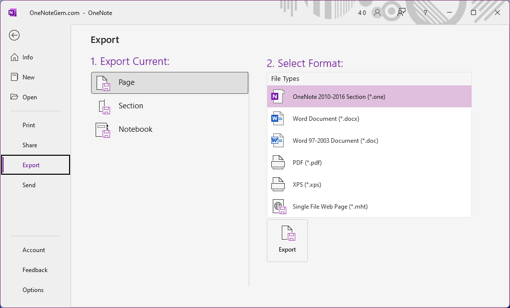 Export a page as a .one file with the export feature provided by OneNote.