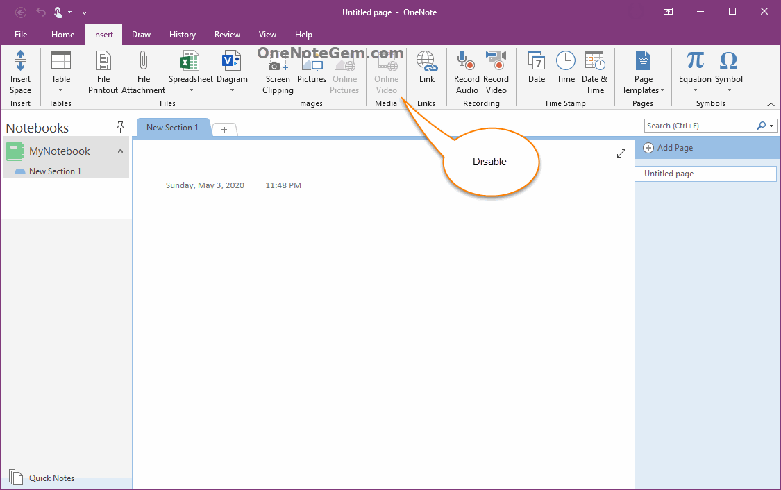 The Online Pictures and Online Video features in the Insert tab are gray in OneNote of Office 365. 