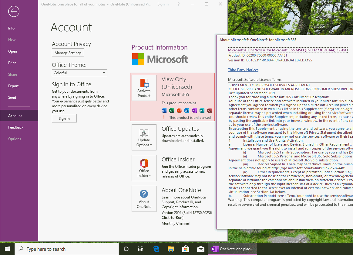 About window of OneNote for Start Menu